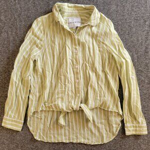 Green White Striped Long Sleeve Tie Front Button Up Linen Blouse Sz S